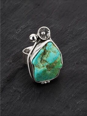 Adjustable Size Sterling Silver Turquoise Statement Ring - Women Jewelry